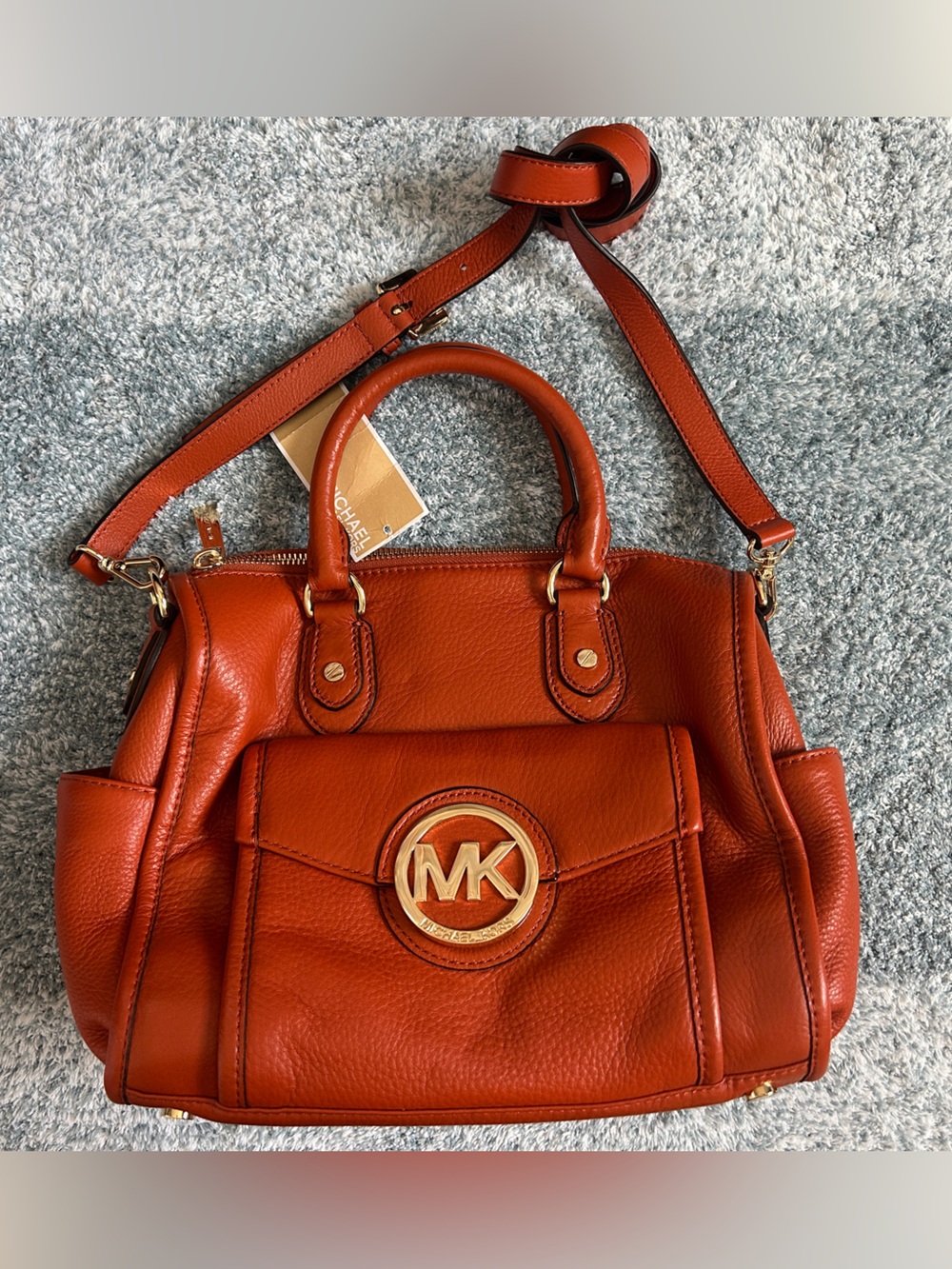 Michael Kors Orange Pebbled Leather Satchel with Gold MK Logo